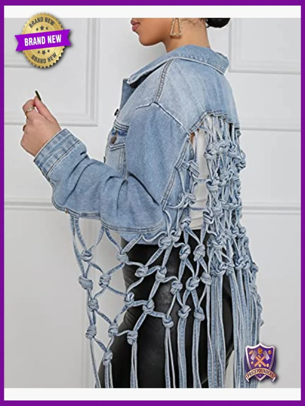Cropped Fringe Distressed Denim Jacket Button Down Long Sleeve Jean Coat